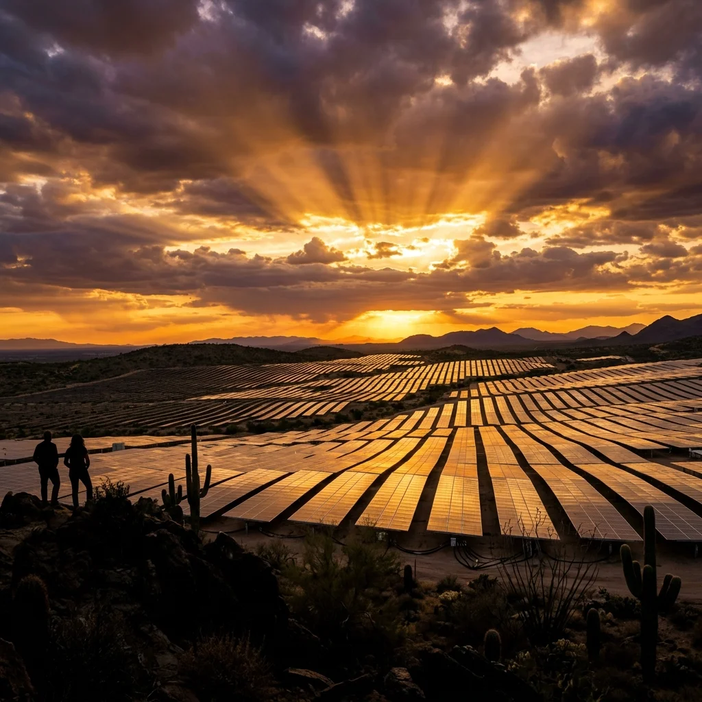 Solar panel field at golden hour